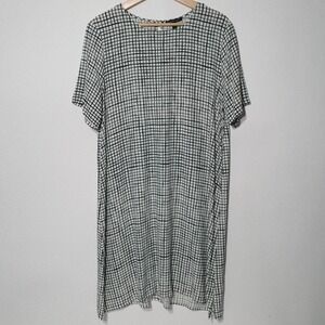 Eileen Fisher Tencel Lyocell Bateau Neck Tunic Dress Black‎ White Grid Medium